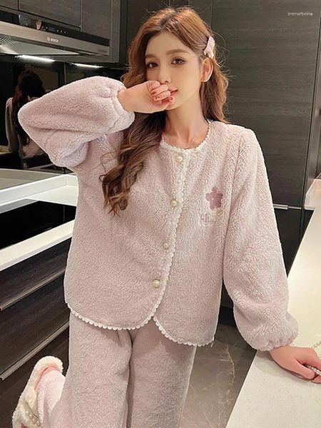 Indumenti da notte da donna Autunno Inverno Coral Fleece Casual Caldo Set da casa per le donne Allentato Girocollo Maniche lunghe Cardigan Stampato Pigiama femminile