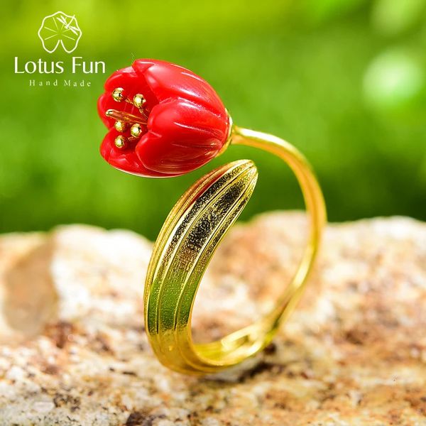 Lotus Fun Ring aus echtem 925er Sterlingsilber, 18 Karat Gold, rote Koralle, handgefertigter feiner Schmuck, Maiglöckchen-Blumenringe für Frauen, Geschenk 240106