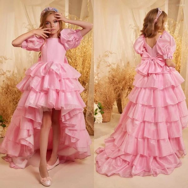 Kız Elbiseler Pembe Yüksek Düşük 2024 Düğün Katmanlı Organza Çocuk Prenses Pageant Bebek Doğum Günü