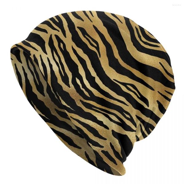 Berretti Strisce tigre dorate Skullies animali Berretti Cappelli Leopardo Casual Berretto da strada unisex Caldo cofano a doppio uso lavorato a maglia