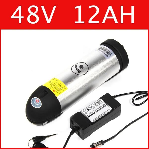 Batterie 48V 12AH Lithiumbatterie Wasserkocher Zylindrisch Aluminiumlegierung 54,6V Lithium-Ionen-Batterie + Ladegerät + BMS, Elektrofahrradpaket Kostenlose Kunden