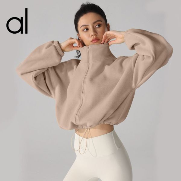 AL Yoga Micro Jaqueta Cortada Suéter de Pelúcia Feminino Mock Neck Solto Zíper Completo Jogging Moletons Engrossados e Quentes Oli Fleece Casacos Curtos