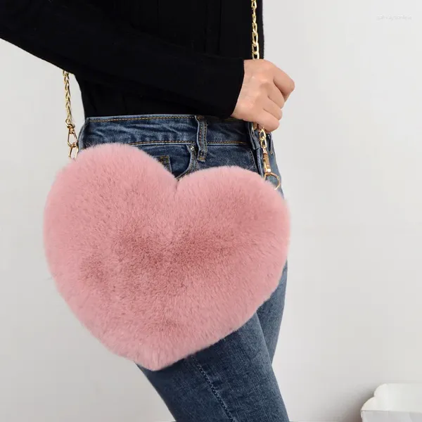 Bolsos de noche, bolso de hombro con cadena de felpa, bolsos de moda para mujer en forma de corazón, bonito bolso cruzado de piel sintética Kawaii, bolso de mano para mujer