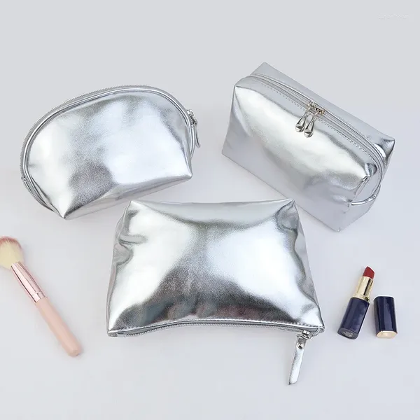 Sacos cosméticos Washiong Makeup Bag para mulheres couro macio prata grande capacidade de armazenamento bolsa de viagem bolsa