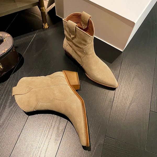 Inverno clássico chelsea botas para mulher vaca camurça dedo do pé pontudo cunha tornozelo simples confortável cowboy feminino 240108