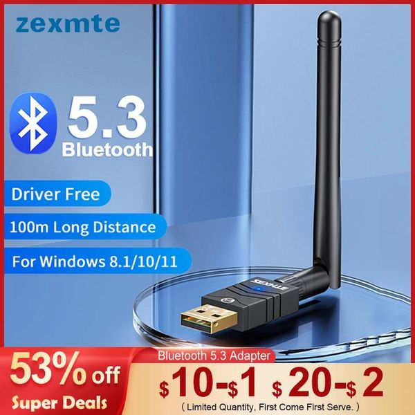 Conectores zexmte 100m bluetooth 5.3 adaptador USB Bluetooth 5.1 5.0 Receptor de transmissor dongle para Windows 11/10/8 Wireless Mouse Adaptador