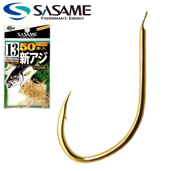 Sasame 50 pçs shin aji gancho de pesca farpado finness gancho para cavala sabiki rigs haste longa anzol de água salgada acessórios de pesca 240108