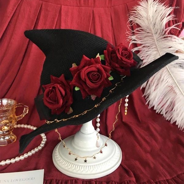 Berretti Copricapo di Halloween con decorazione rosa Cappelli da ragazza magica gotica in costumi Lolita stile scuro Cappello da strega decorato