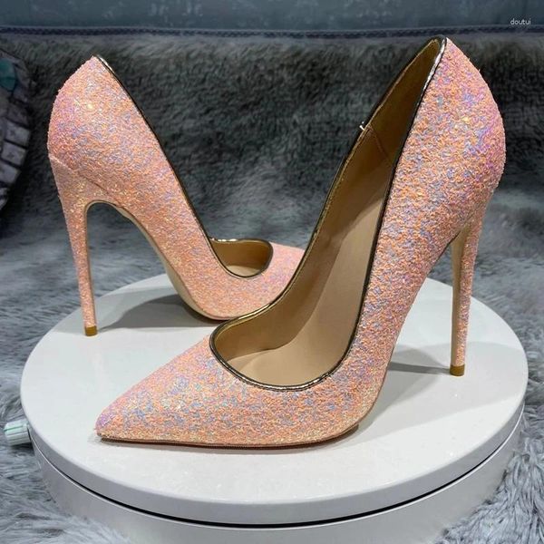 Sapatos de vestido rosa glitter lantejoulas mulheres sexy bombas apontadas dedo do pé deslizamento em senhoras festa de casamento brilhante chique stiletto saltos altos