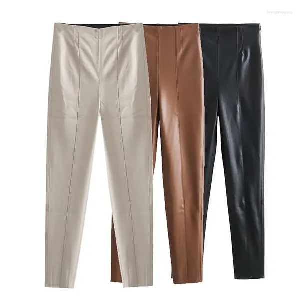 Женские брюки YENKYE, женские эластичные леггинсы из искусственной кожи с высокой талией, женские брюки-карандаш с бесшовным подолом