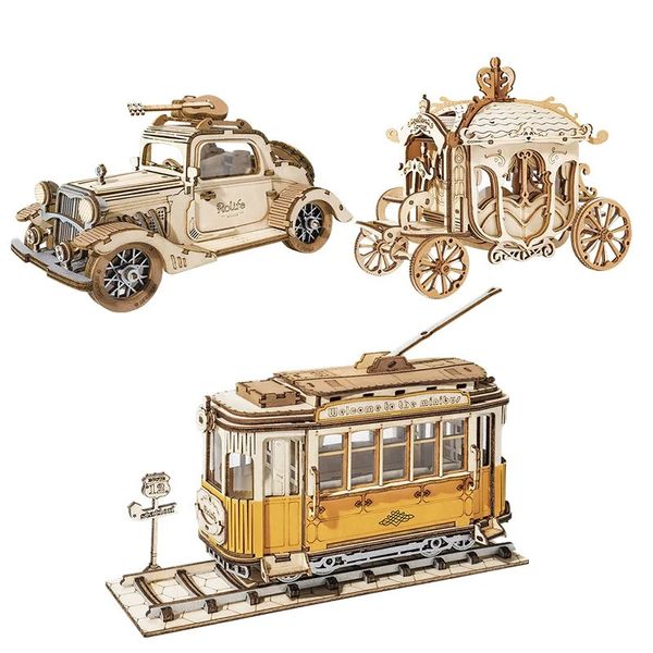 Robotime Rolife Modelo de carro vintage 3D quebra-cabeça de madeira brinquedos para crianças adultos TG504 240108