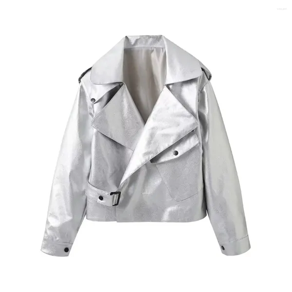 Jaquetas femininas moda solta prata jaqueta de couro casaco vintage lapela manga longa bolso all-match casual outerwear chiques topos