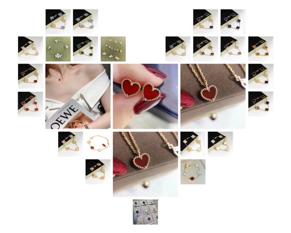Herzförmiger Rubinschmuck, Roségold-Armband, Ohrringe, Halsketten-Set, doppelseitiger Glücksgras-Anhänger, weiße Fritillaria, 18-Karat-Roségold-Verschlussknochenkette, vierblättrige Blume