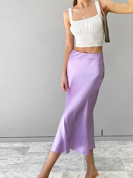 Юбки однотонные фиолетовые атласные шелковые юбки женские с высокой талией летние длинные 2024 элегантные женские офисные миди весенние
