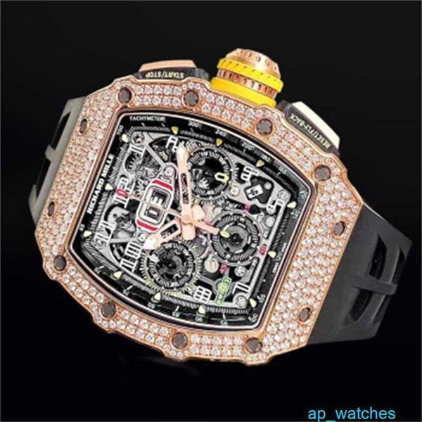 RichardMill RM11-03 Relógios masculinos originais com diamantes cravejados de corrente automática com código de cronometragem Relógio de moda 18K em ouro rosa com diamantes cravejados DIVERTIDO