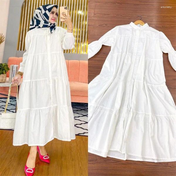 Этническая одежда 2024 Ближний Восток Дубай Женщины Сплошной цвет Плиссированные Модные Расслабляющие мусульманские платья Элегантные турецкие платья с длинными рукавами