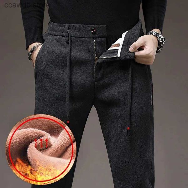 Pantaloni da uomo Pantaloni invernali da uomo in pile casual Tessuto spazzolato Addensare caldo elastico con coulisse Pantaloni da lavoro slim dritti Nero Grigio Blu T240108