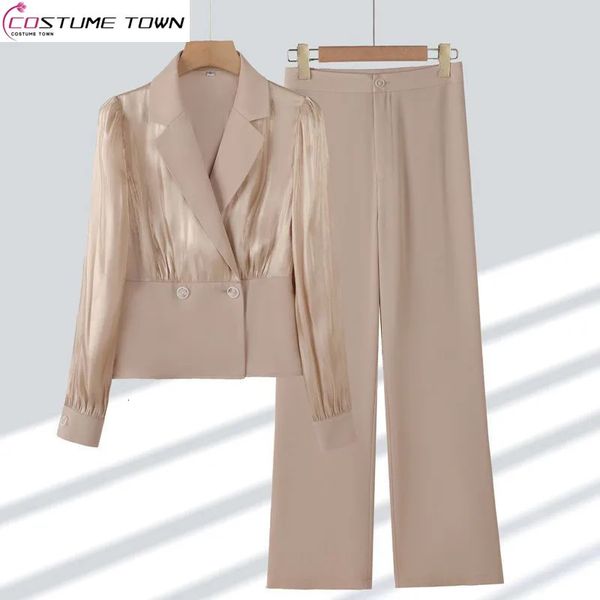 Frühling Koreanische Satin Jacke Blazer Casual Breite Bein Hosen Zwei-stück Elegante frauen Hosen Anzug Büro Outufits 240108