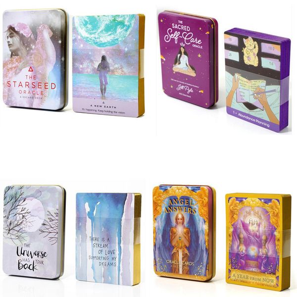 Caixa de ferro Tarot Oracle Cards Oracle 44/53 Cards Deck Tin Metal Box Profecia Adivinhação Baralho Oculto Borda Dourada Oráculos Cartas The Starseed Oracle Angel Answers