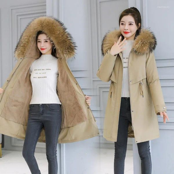 Trench da donna 2024 Fodera in pelliccia calda Parka lungo Giacca invernale Abbigliamento donna Cappotto con cappuccio medio