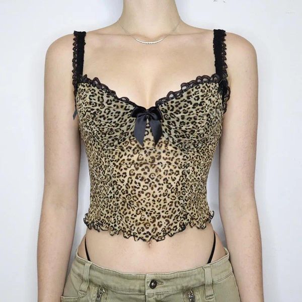 Frauen Tanks Vintage Leopard Print Crop Top Sexy Kontrast Farbe Schleife Spitze Patchwork Camis Nacht Party Club Tragen Grunge korsett