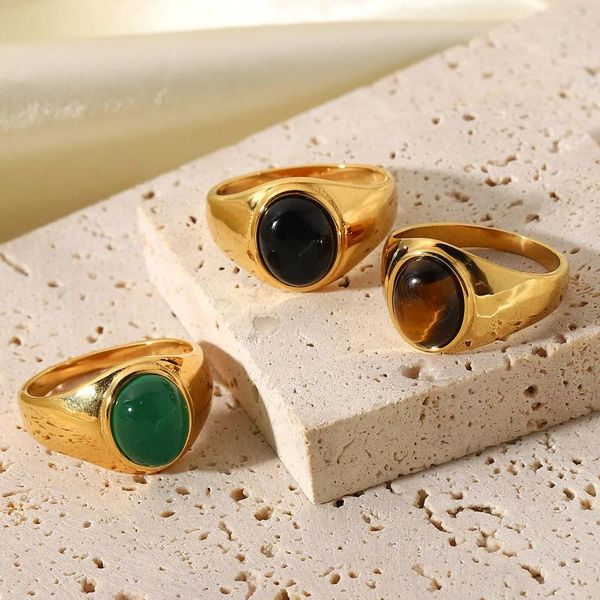 Anéis de cluster elegante aço inoxidável para mulheres oval tigre olho preto pedra verde obsidiana noivado
