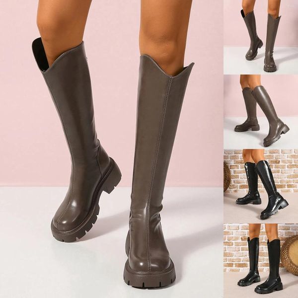 Botas senhoras casual sólido brilhante couro apontado dedo do pé robusto grande retro ocidental alto para mulheres largas bezerro zapatos