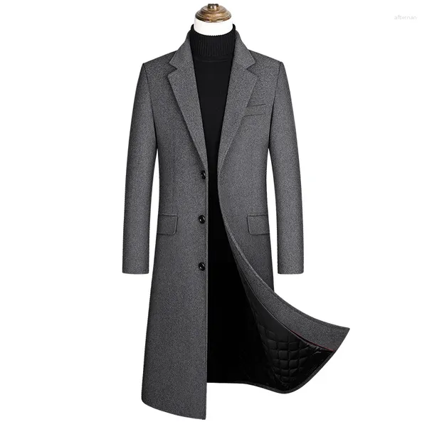 Casacos de Trench Masculinos 2024 Outono e Inverno Boutique Lã Preto Cinza Clássico Cor Sólida Grosso Quente Extra Longo Casaco Masculino Jaqueta