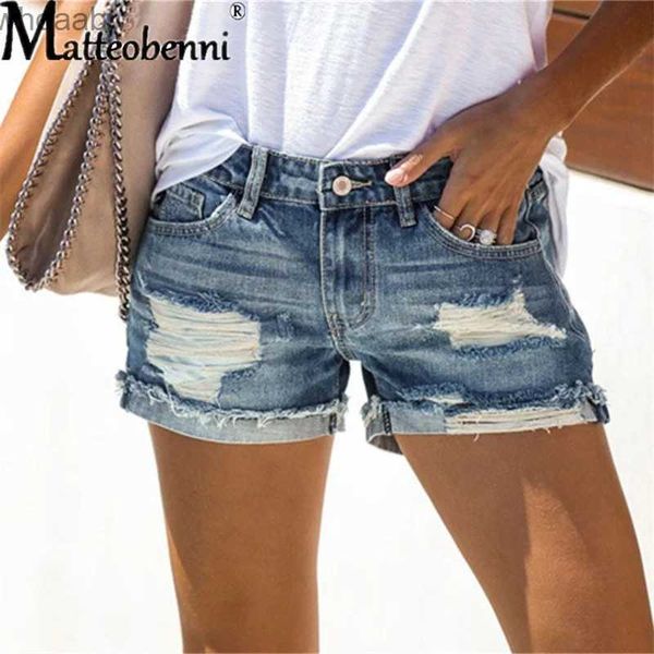 Damen Shorts Neue 2022 Sommer Ripped Hole Hollow Out Jeans für Frauen Hohe Taille Sexy Crimping Quasten Cut Open Button Slim Denim Shorts Hosen YQ240108