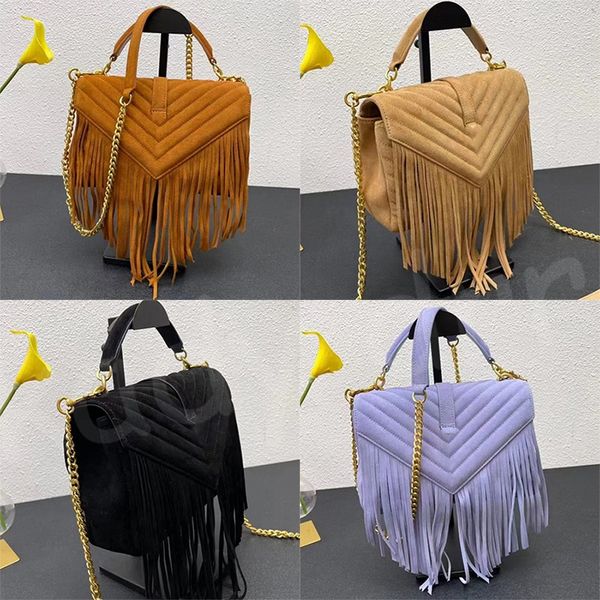 Bolso de cadena universitaria Borlas de gamuza Chevron Acolchado Sobrecosturas Asa superior Bolso cruzado de cuero Bolso de lujo para mujer Solapa Cierre magnético Bolsos de hombro Monedero