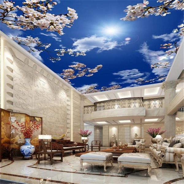 Tapeten Maßgeschneiderte große 3D-Tapete schöne Kirschblüten blauer Himmel weiße Wolke Deckenwandbild Wohnzimmer