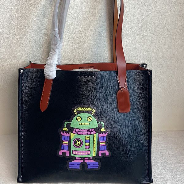 Tote Çanta Kadın Çanta Omuz Çantası Mini Tuval Crossbody Alışveriş Saf Deri Moda Siyah Büyük Çantalar Resim Robot Harfleri Yüksek kaliteli