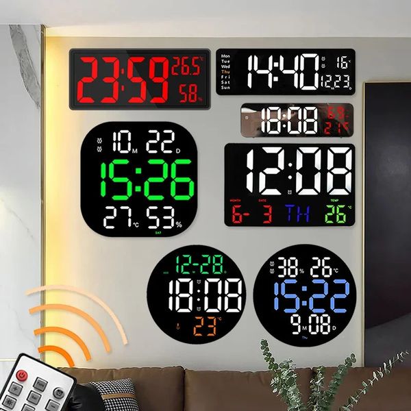 Große LED-Digital-Wanduhr, Temperatur- und Datumsanzeige, hängender elektronischer Wecker mit Fernbedienung für Schlafzimmer, Heimdekoration 240106