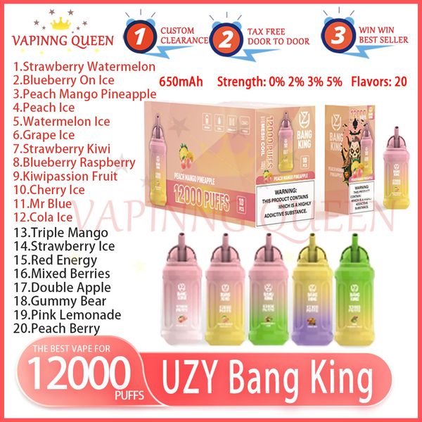 UZY Bang King 12000 Puff Descartável E Cigarro 0% 2% 3% 5% Evaporador Bateria Recarregável 650mAh 20 Sabores Vape Pen Stick UZY 12k Puffs