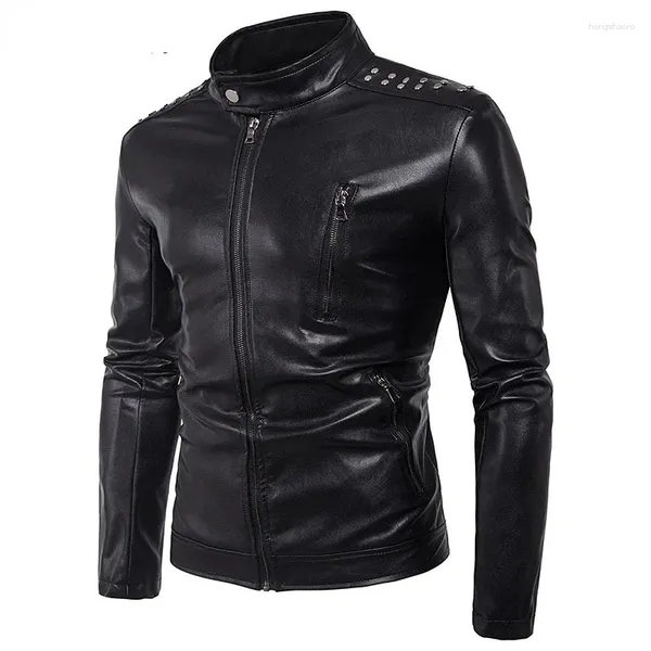 Männer Jacken Plus Größe Männer Weiche PU Leder Jacke Stehkragen Motorrad Biker Niet Casual Herbst Outwear Mantel Schwarz