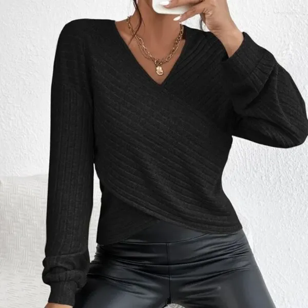 Women's Sweaters Autumn And Winter Pullover Solid V-Neck Cross Lantern Long Sleeve T-shirt Sweater Knit Fashion Office Lady Casual Tops