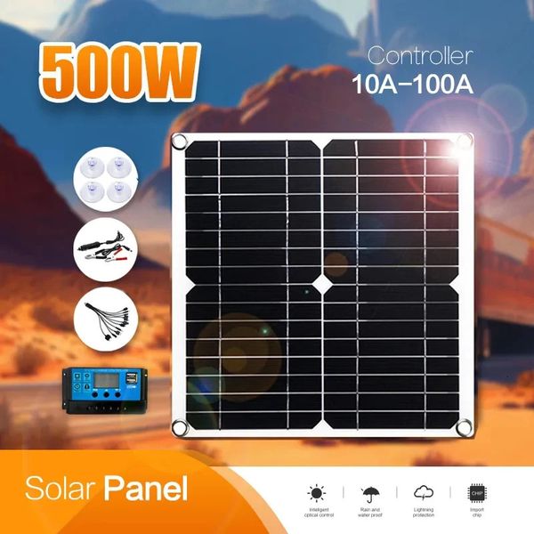 500w painel solar flexível 12v carregador de bateria dupla usb com 60a 100a controlador células power bank para telefone carro acampamento 240108