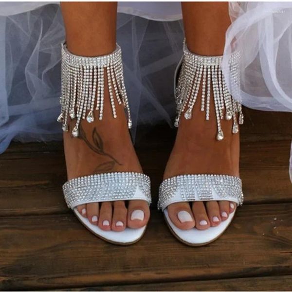 Sandali Scarpe da sposa bianche Donna Tacco largo Nappa Catena con strass Gladiatore alto