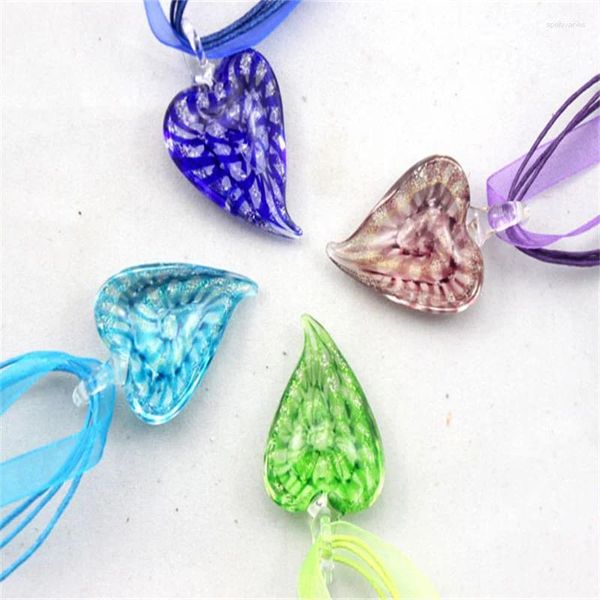 Colares pingentes feitos à mão escavado listra esmalte coração murano lampwork vidro para colar feminino suéter corrente jóias