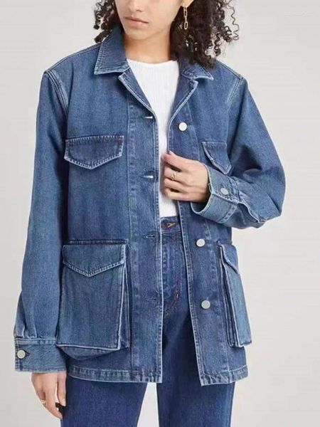 Giacche da donna Giacca di jeans con spalla dritta dritta da donna 2024 Autunno Lady Vintage Tasca grande Cardigan con colletto rovesciato monopetto