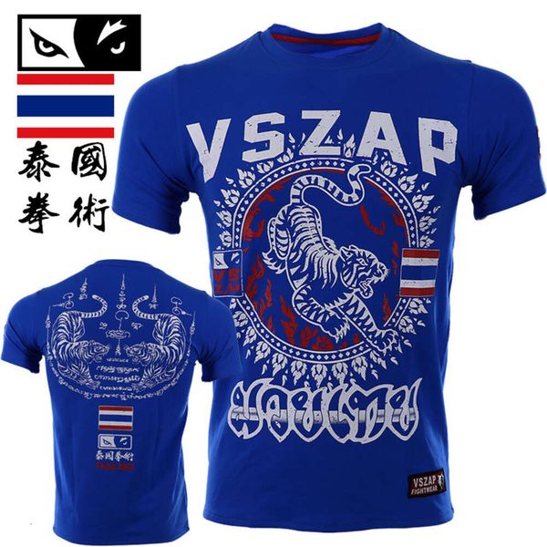 Vszap tiger thai saf pamuklu erkekler tişört spor fiess kısa kollu boks sanda mma wushu jujitsu fiess takım elbise