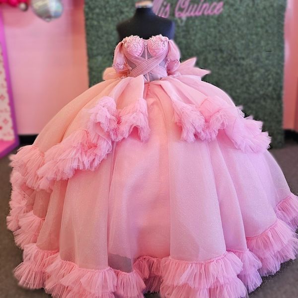 Mexicano rosa fora do ombro 16 anos vestido quinceanera 2024 doce 16 vestido de renda tull em camadas vestido de festa rendas até vestidos de 15