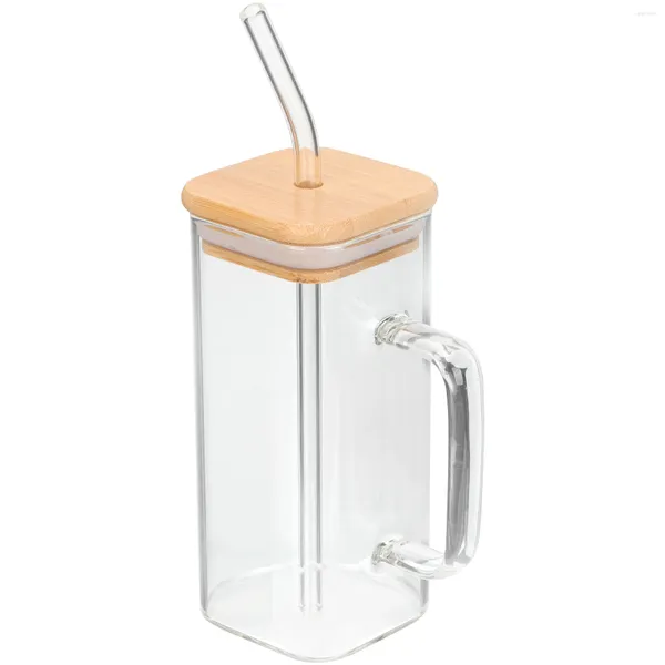 Verres à vin Tasses en verre carrées avec couvercle Bouteille d'eau portable Pot Mason en bambou Tasses à cocktail Jus de boisson et paille Boire Voyage