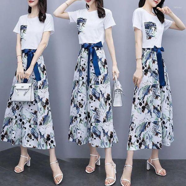 Damen zweisteuelhafte Hosen Freizeitanzug 2024 Sommer koreanische Culottes Crop Top Shirt und Weitbein Set für Frauen in Übergrößenkleidung