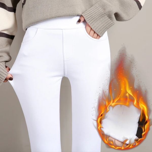Inverno quente leggings feminino veludo grosso calças finas senhoras casual sólido elástico estiramento magro lápis calça branco