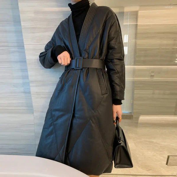 Женские плащи 2024, осенне-зимняя куртка из искусственной кожи, хлопковая стеганая куртка с v-образным вырезом, тонкая хлопковая корейская модная верхняя одежда Xy182