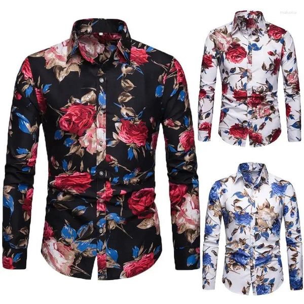 Camisas casuais masculinas 2024 primavera e outono fino ajuste plus size manga longa flor camisa moda