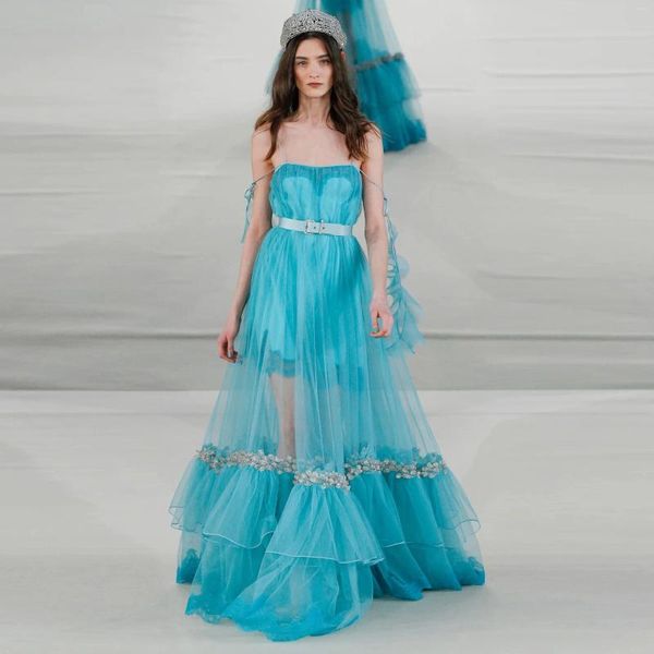 Abiti casual Graziosi abiti a trapezio in tulle blu ghiaccio da donna Maxi cristalli lucidi semi trasparenti abiti lunghi Poshoot