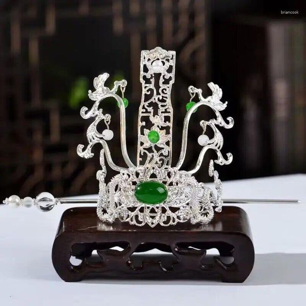 Fermagli per capelli Antica doppia corona di drago con copricapo Hanfu a forma di gemma verde imitazione