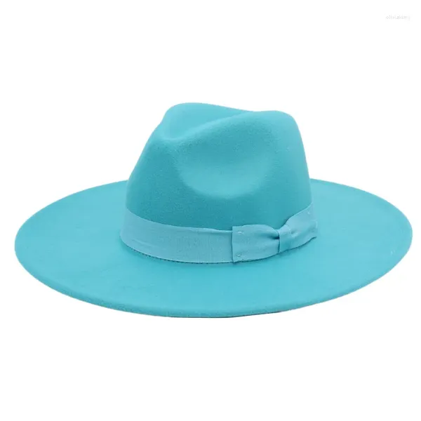 Berets 9.5cm de borda larga fascinator fedora chapéus com laço elegante mulheres festa jazz top chapéu homens feltro panamá sun cap